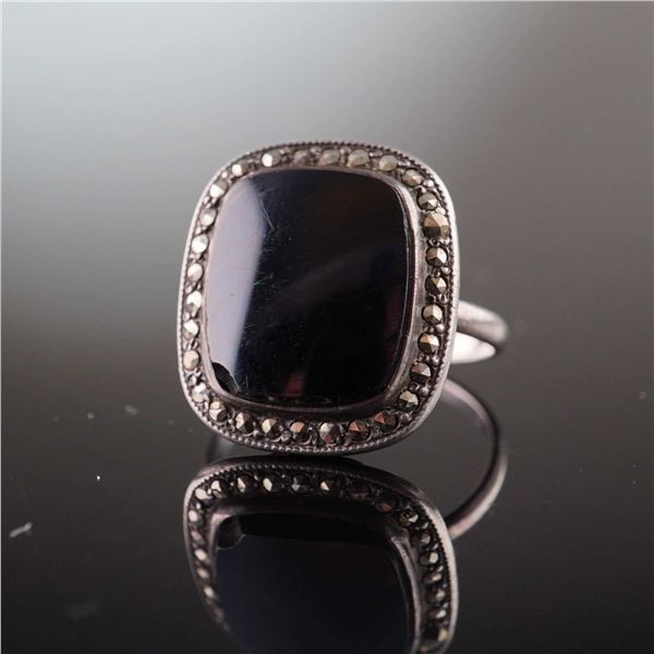 Sterling Silver Ring with Black Glass and Marcasite