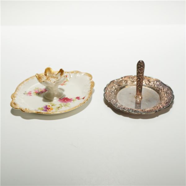 2pc Antique and Vintage Porcelain and Sterling Silver Ring Holders Including Limoges and S. Kirk and