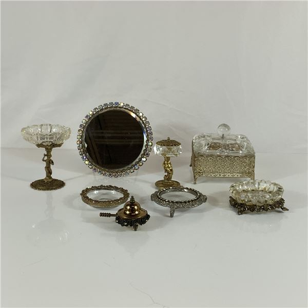 8pc Gold Tone Metal and Glass Vanity and Tabletop Accessory Grouping