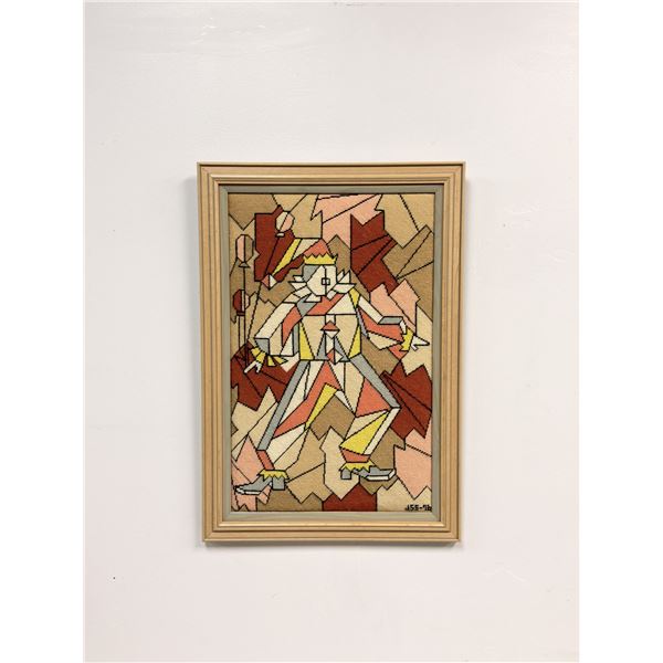 JSS Framed Cubist-Style Needlepoint Tapestry of a Jester