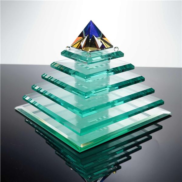 Synergy Studio Art Glass Pyramid Sculpture with Mirror Base Dated 1999