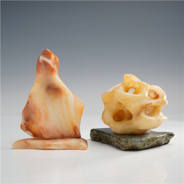 2pc Mid-Century Modern Abstract Carved Stone Rock Sculptures
