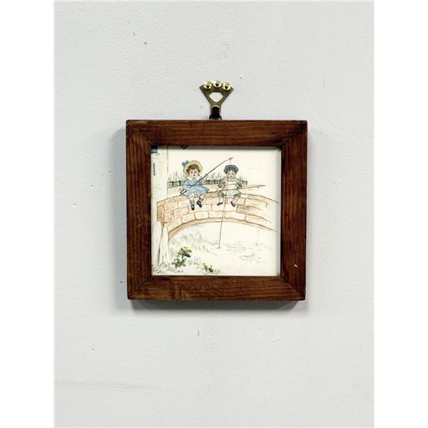 Attributed to Kate Greenaway (English, 1846-1901) Hand-Painted Porcelain Tile, Two Children Fishing