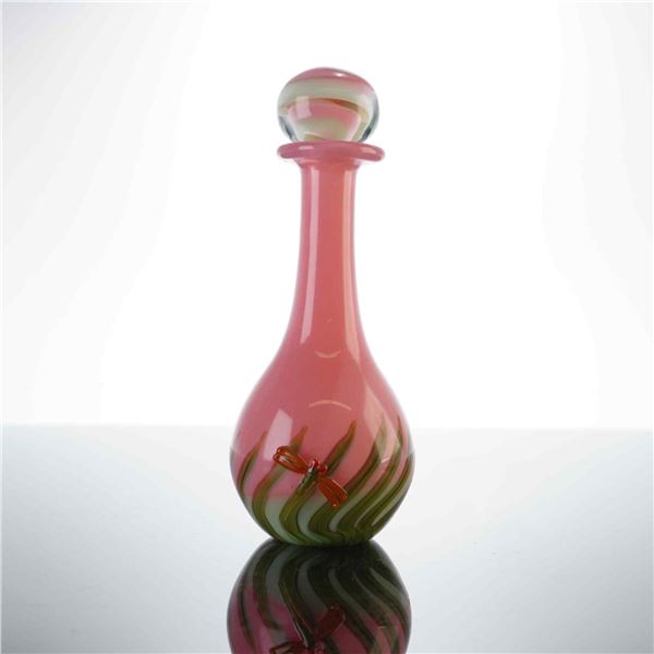 John Gilvey Style Studio Art Glass Dragon Fly Pink and Green Perfume Bottle, Signed
