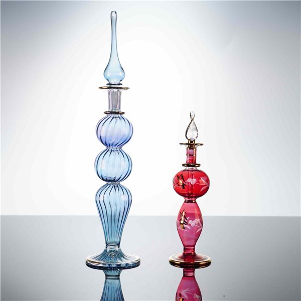 2pc Decorative Art Glass Bottles, Blue and Cranberry Egyptian Style