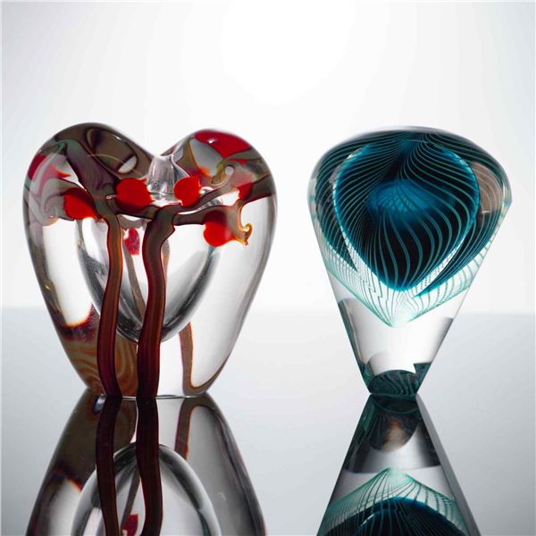 2pc Studio Art Glass Bottles, Zellique Heart Form & Signed Teardrop