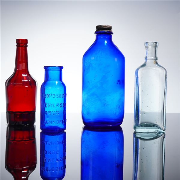 Collection of 4 Early American Pharmacy and Utility Glass Bottles