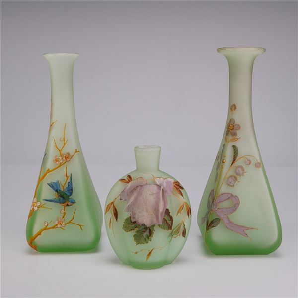 Three Victorian Style Nile Green Satin Glass Vases with Hand Painted Enamel Decoration