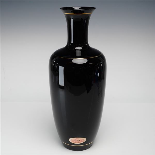 Hand-Blown Mirror Black Glass Baluster Vase with Gilt Bands
