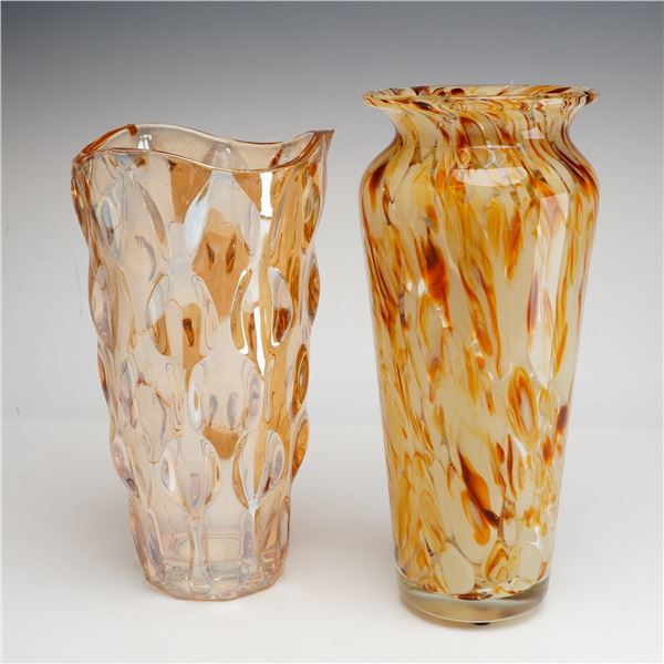2pc Amber Textured and Marbled Spatter Style Art Glass Vases