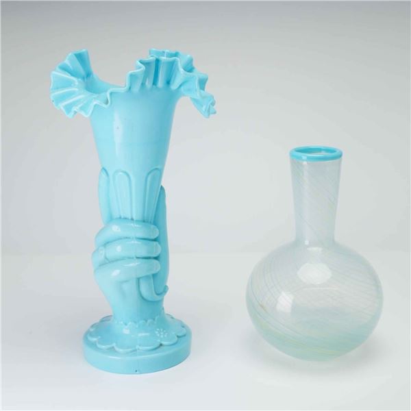 2pc Art Glass Vases including a Turquoise Hand Vase