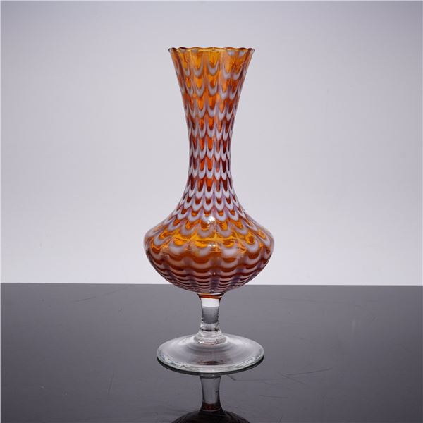 Italian Empoli Style Amber and White Drapery Pattern Art Glass Vase