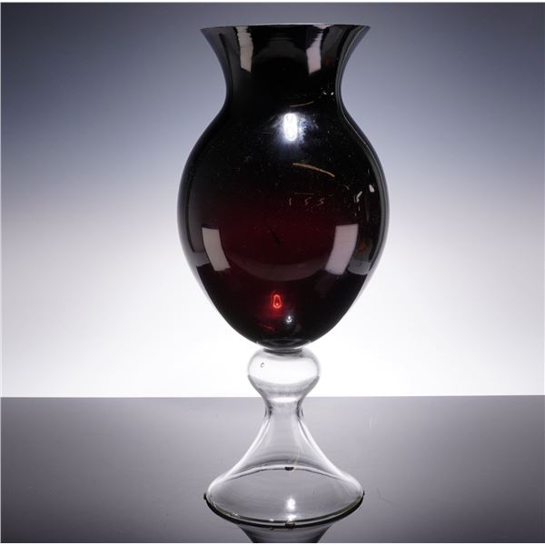 Large Hand-Blown Glass Dark Red and Clear Centerpiece Vase