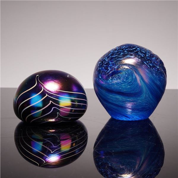 Two Contemporary Iridescent Studio Art Glass Paperweights