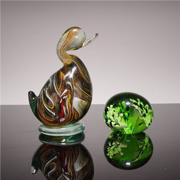 Two Pieces of Art Glass - Murano Style Duck Figurine and Floral Paperweight