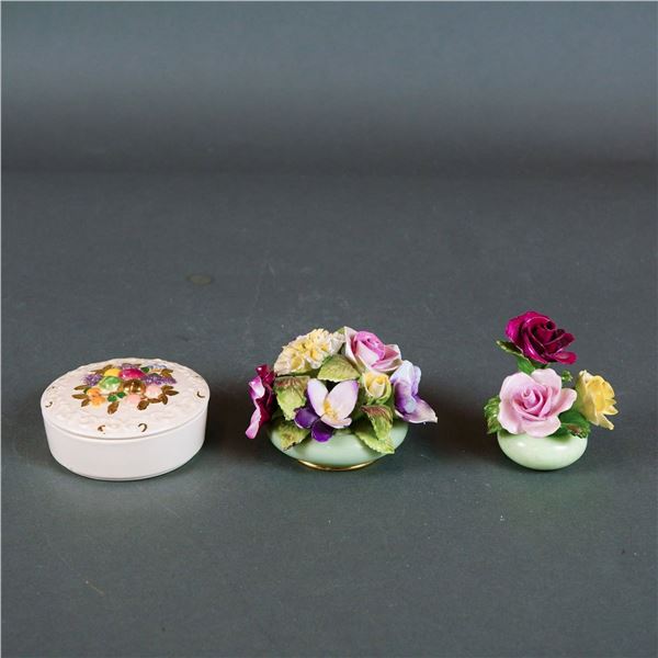 3pc Royal Adderley and Denton China Floral Figurines with Fruit Motif Treasure Box