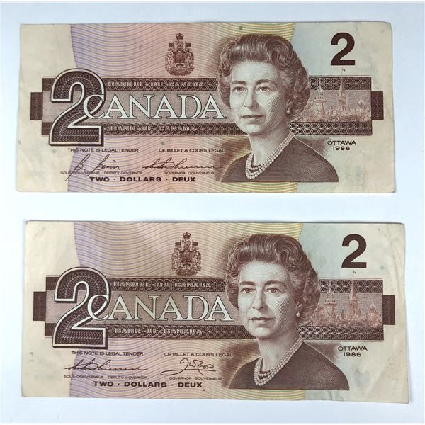 Canadian 2 Dollar Notes x2 - 1986