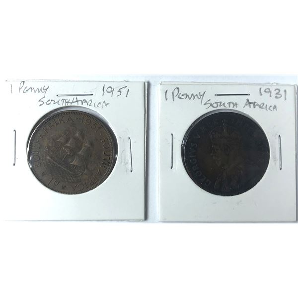 1931-51 South Africa 1 Pence Coins x2
