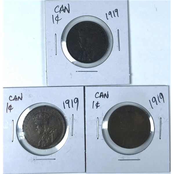 1919 Canadian 1 Cent COIN Lot x3