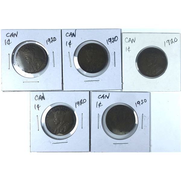 1920 Canadian 1 Cent Coin LOT x5
