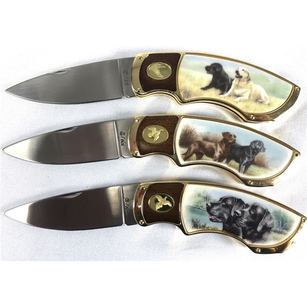 Franklin Mint DOGS Folding Knife LOT x3 - w/ Pouches