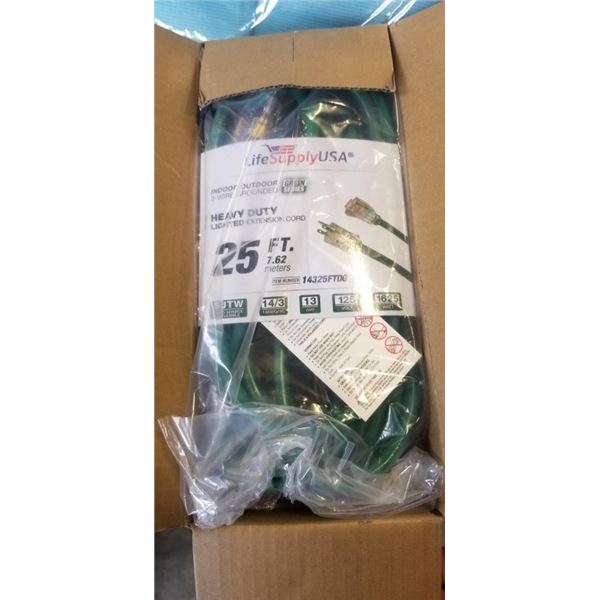 AS NEW GREEN 25FT LIFE SUPPLY LIGHTED INDOOR OUTDOOR HEAVY DUTY EXTENSION CORD, 14AWG