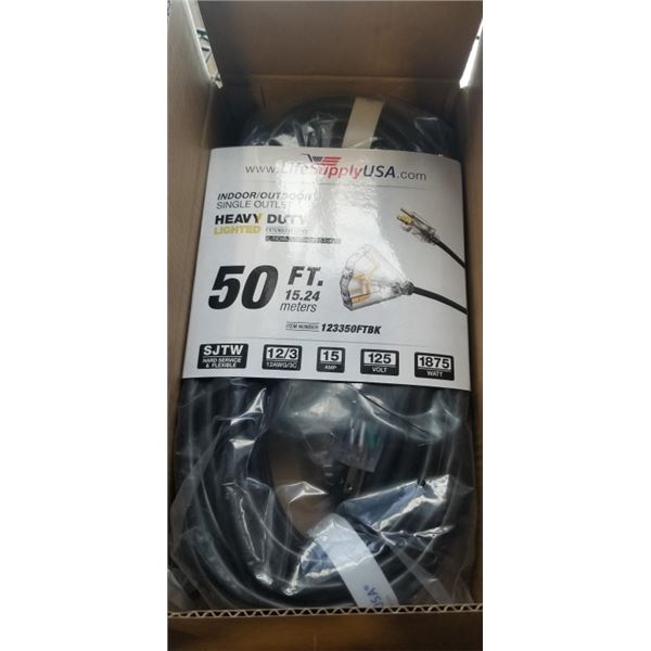 AS NEW BLACK  50FT TRIPLE PLUG LIFE SUPPLY LIGHTED INDOOR OUTDOOR HEAVY DUTY EXTENSION CORD, 12AWG