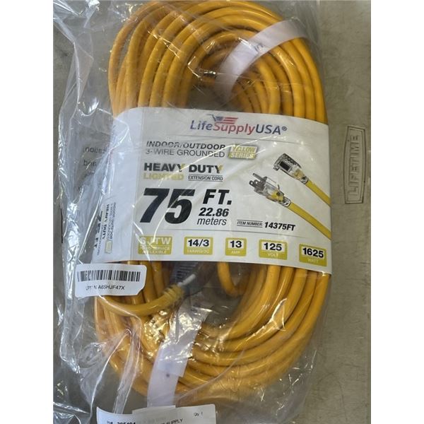 AS NEW YELLOW 75FT LIFE SUPPLY LIGHTED INDOOR OUTDOOR HEAVY DUTY EXTENSION CORD, 14AWG