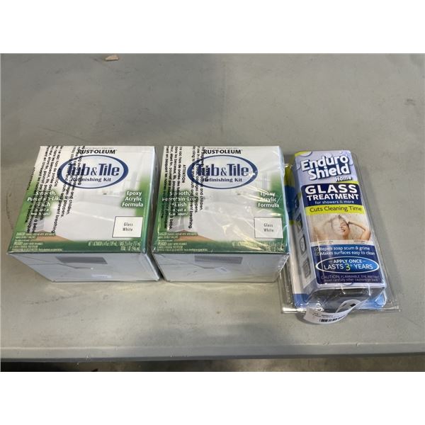 2 NEW RUSTOLEUM TUB AND TILE REFINISHING PACKS, 2 PART KIT 7860519 AND NEW ENDURA SHIELD GLAS TREATM
