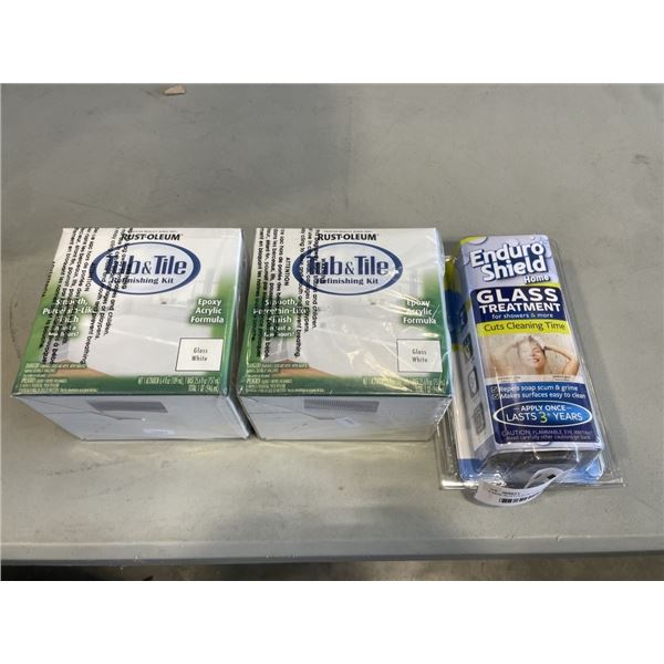 2 NEW RUSTOLEUM TUB AND TILE REFINISHING PACKS, 2 PART KIT 7860519 AND NEW ENDURA SHIELD GLAS TREATM