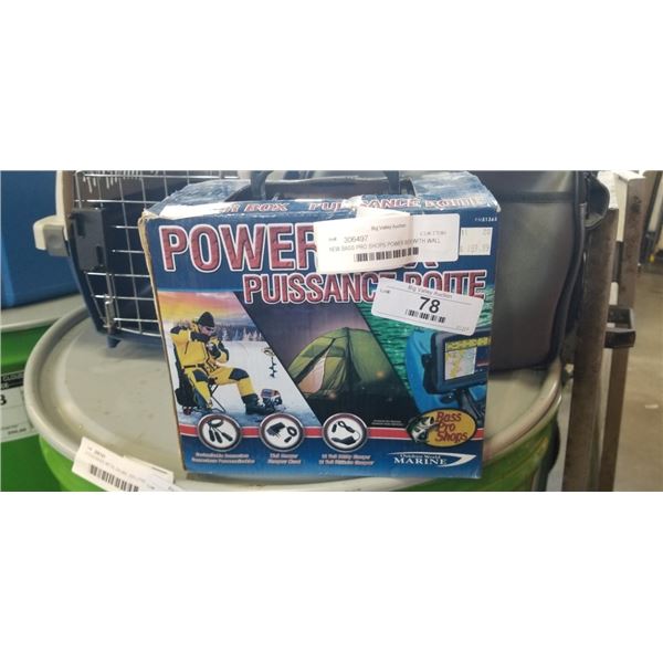 NEW BASS PRO SHOPS POWER BOX WITH WALL AND 12V UTILITY CHARGERS, CUSTOMIZABLE CONENCTIONS FOR VARIOU