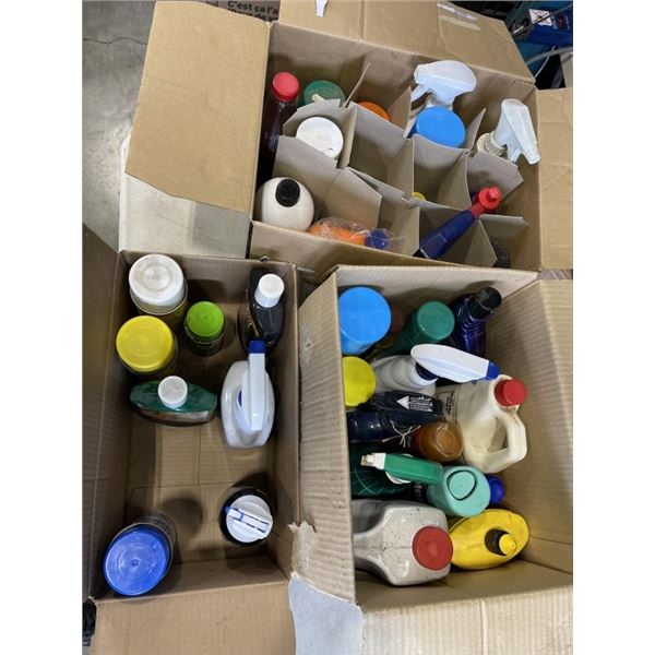 3 BOXES WITH 36 VARIOUS CLEANING SUPPLIES BOTTLES