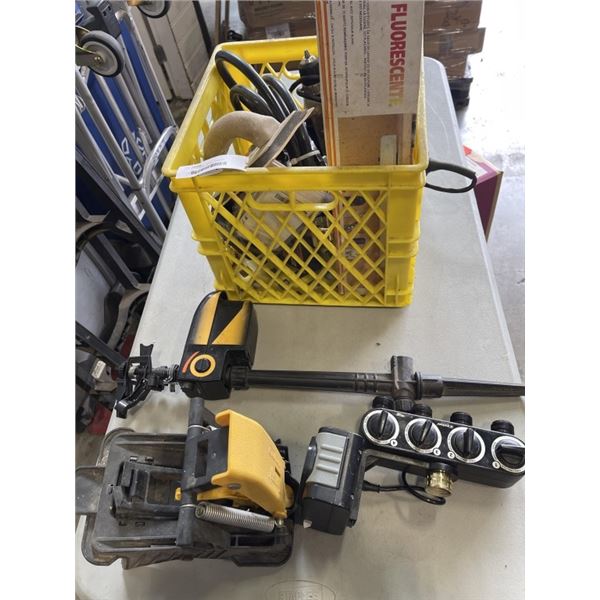 2 BOXES OF MISC TOOLS, GARDEN SPRINKLERS, ETC