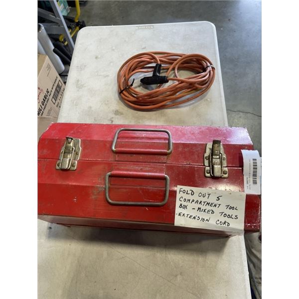 METAL TOOL BOX W/ CONTENTS AND EXTENSION CORD