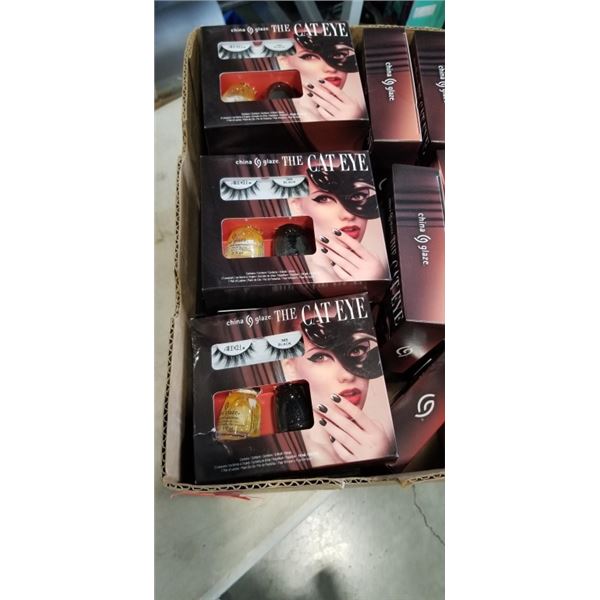 BOX OF NEW NAIL POLISH AND FAKE EYELASHES