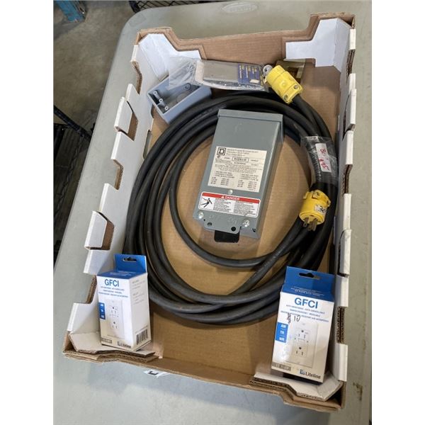 NEW 30FT HEAVY DUTY EXTENSION CORD, NEW SQUARE D SWITCH BOX, 2 GFCI PLUGS, AND JUNCTION CASE