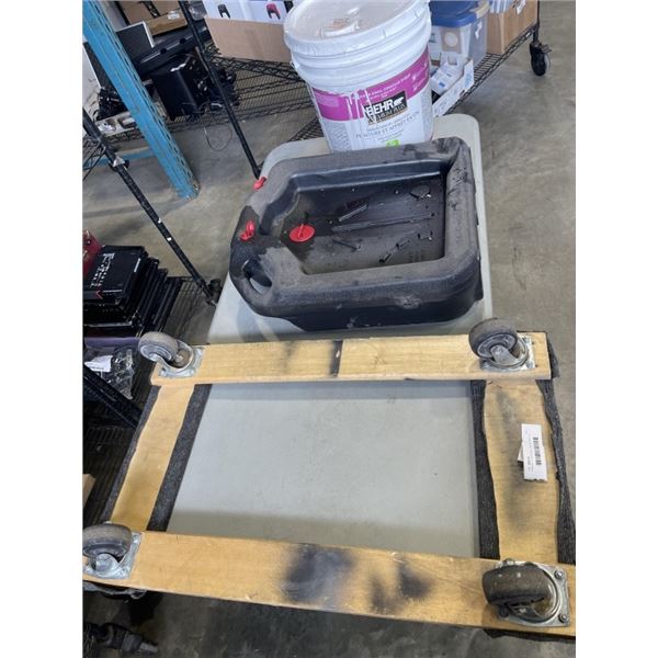 4 WHEEL FLOOR DOLLY AND ENGINE OIL DRAIN TANK, AND PARTIAL BEHR PAINT AND PRIMER