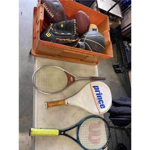 TOTE OF ASSORTED SPORTS BALLS AND 3 RACQUETS