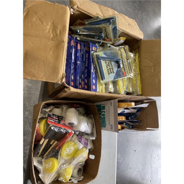 3 BOXES OF NEW OLD STOP - PAINT ROLLERS, READING LIGHTS, MEASURING TAPE, ETC