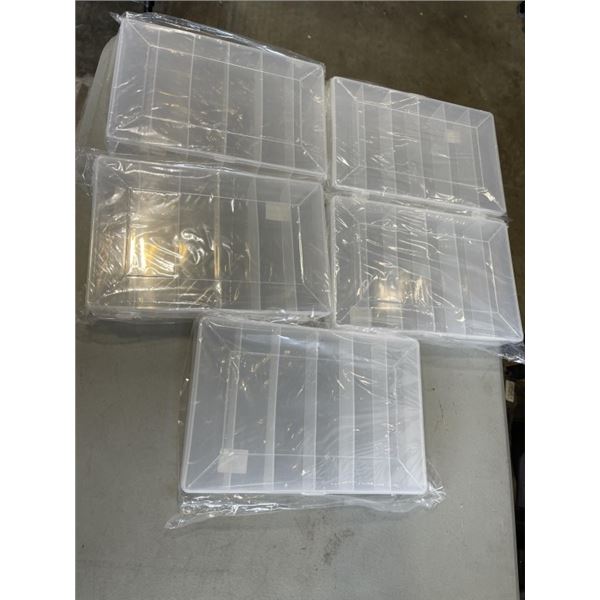 5 NEW CLEAR  10-3/4 x 7 x 1-3/4 INCH BOX W/ 6 COMPARTMENTS - RETAIL $60