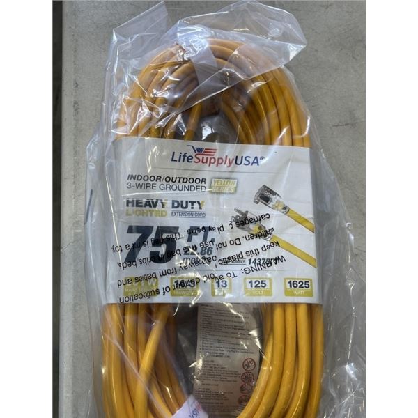AS NEW YELLOW 75FT LIFE SUPPLY LIGHTED INDOOR OUTDOOR HEAVY DUTY EXTENSION CORD, 14AWG