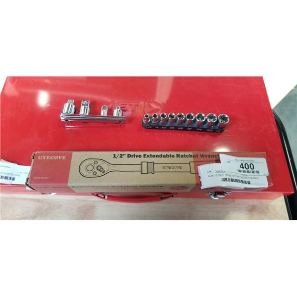 NEW 1/2 INCH DRIVE RATCHETING EXTENDABLE WRENCH, SET OF 4 TITAN SOCKET ADAPTORS, AND 9PC SOCKET SET
