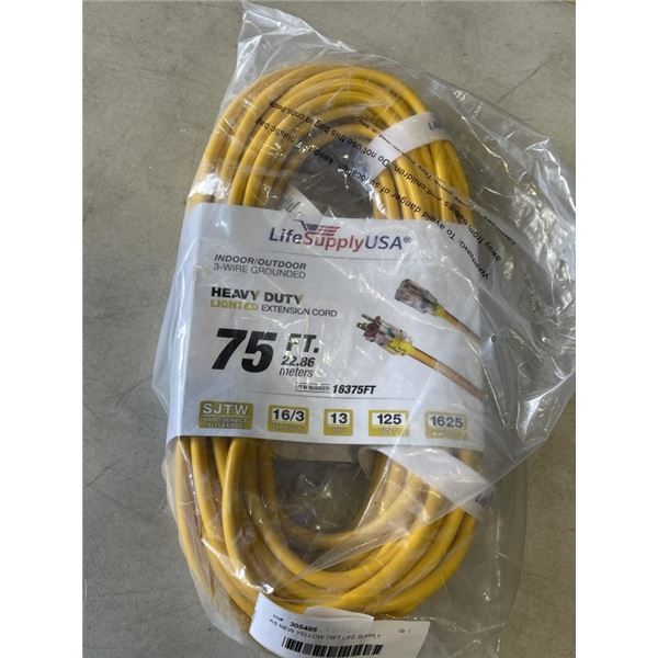 AS NEW YELLOW 75FT LIFE SUPPLY LIGHTED INDOOR OUTDOOR HEAVY DUTY EXTENSION CORD, 16AWG