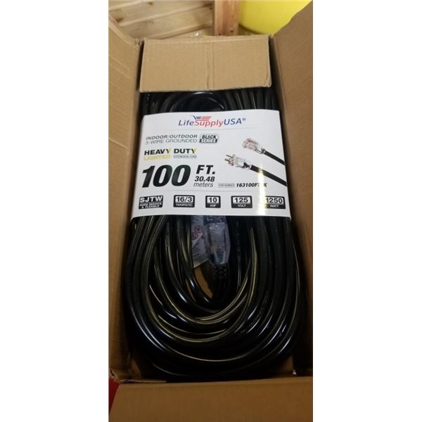 AS NEW BLACK 100FT LIFE SUPPLY LIGHTED INDOOR OUTDOOR HEAVY DUTY EXTENSION CORD, 16AWG