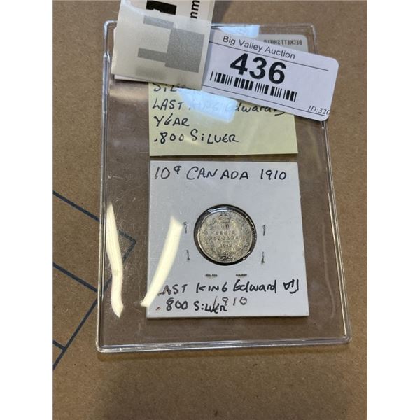 1910 CANADIAN SILVER DIME, LAST KING EDWARD VII YEAR .925