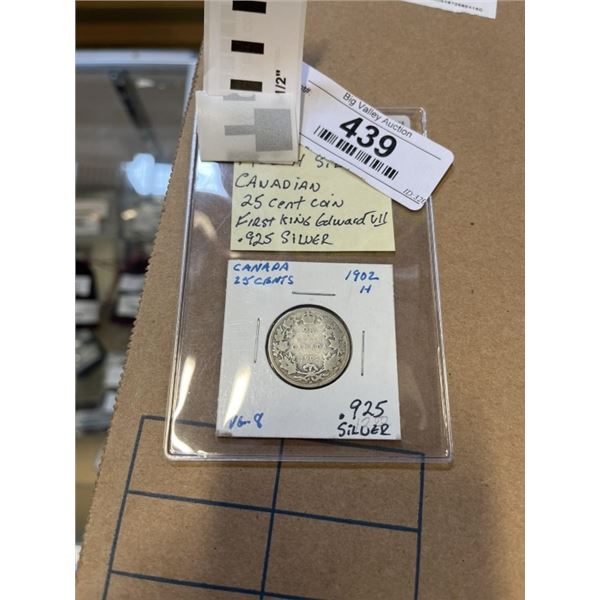 1902 H SILVER CANADIAN 25 CENT COIN FRIST KING EDWARD VII .925 SILVER