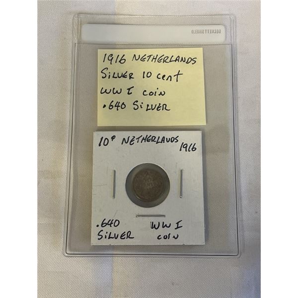 1916 NETHERLANDS SILVER 10 CENT WWI COIN .640 SILVER