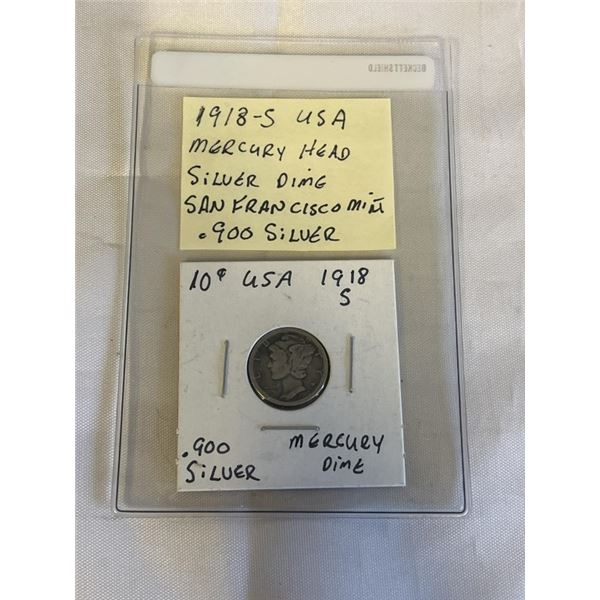 1918-S USA MERCURY HEAD SILVER DIME, SAN FRANCISCO MINT .900 SILVER