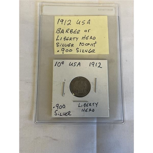 1912 USA BARBER OR LIBERTY HEAD SILVER 10 CENT .900 SILVER