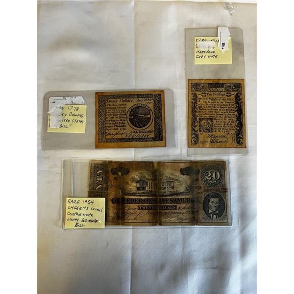 3 OLD BANK NOTES, 1954 CHEERIOS $20 BILL 1780 HARTFORD COPY NOTE AND 1778 COPY BILL